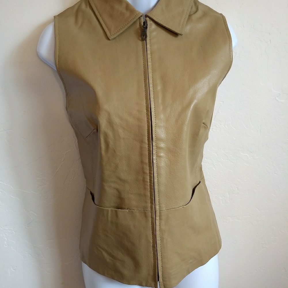 AMI Beige Tan Leather Vest Zipper Collared M